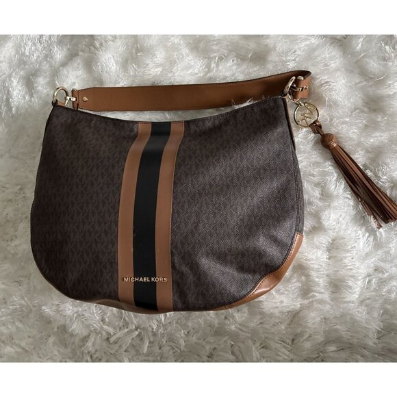 Michael Kors Brooke Signature Hobo Bag Signature Logo Pattern in brown and Blk - Picture 1 of 6